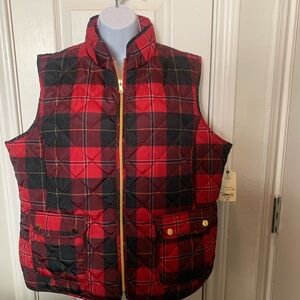 L.L. Bean Red and Black Plaid Quilted Vest with Gold Zipper